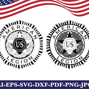 May include: Two circular emblems of the American Legion featuring a central star with the letters U.S. inside a circle, surrounded by a wreath. One emblem is outlined in black, while the other is filled with black. The text reads American Legion.