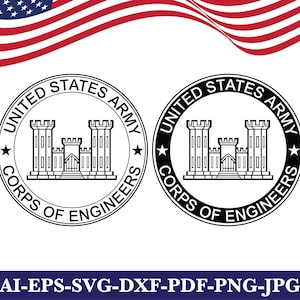May include: Two circular black and white logos of the United States Army Corps of Engineers. Each logo features a castle design and the text "UNITED STATES ARMY CORPS OF ENGINEERS". The American flag is in the background.