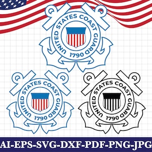 May include: Three United States Coast Guard emblems in blue and black, with a red, white, and blue shield in the center. The emblems are set against a grid background with a waving American flag in the upper left corner. The text "AI-EPS-SVG-DXF-PDF-PNG-JPG" is at the bottom.