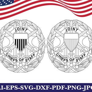 Puede incluir: Dos ilustraciones idénticas en blanco y negro del emblema de los Jefes de Estado Mayor Conjuntos. Cada emblema presenta un escudo, espadas cruzadas y el texto "JOINT CHIEFS OF STAFF" dentro de una corona de laurel. La bandera estadounidense está en el fondo.