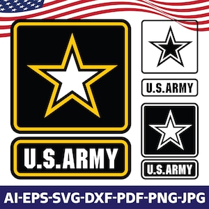 May include: A collection of U.S. Army logos in black, white, and gold. The main logo features a white star within a black square with a gold border. The text "U.S. ARMY" is also present.