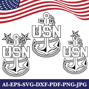 May include: Black and white US Navy anchor designs with the letters "USN" and a star or stars. The designs are on a white background with a waving American flag in the upper left corner. The bottom of the image has the text "AI-EPS-SVG-DXF-PDF-PNG-JPG".