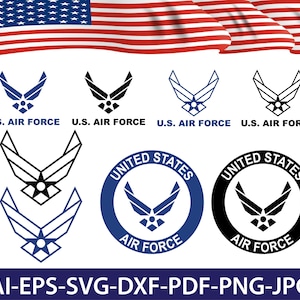 May include: A collection of U.S. Air Force logos in various styles, including blue, black, and outlined versions. The logos are accompanied by the text "U.S. AIR FORCE" and the words "UNITED STATES AIR FORCE" in a circular design. An American flag is in the background.