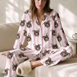 Anpassad randig pyjamas med husdjursansikte, personligt foto-pyjamasset, hundkatt-pyjamasbyxor, matchande familje- och parsömnar, present till husdjursägare