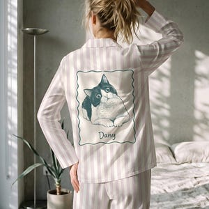 Anpassad randig pyjamas med husdjursansikte, personligt foto-pyjamasset, hundkatt-pyjamasbyxor, matchande familje- och parsömnar, present till husdjursägare