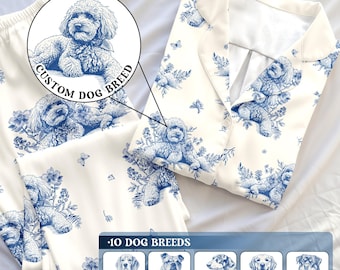 Benutzerdefinierte Hund Toile de Jouy Pyjamas langes oder kurzes Set, personalisierte PJs im Cottagecore-Stil, Hundedruck-Pyjama-Muster, Haustiergeschenke für Besitzer