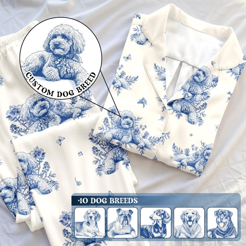 Anpassad Toile de Jouy-pyjamas i långt eller kort set för hundar, personlig pyjamas i cottagecore-stil, pyjamasmönster med hundtryck, presenter till husdjursägare bild 1