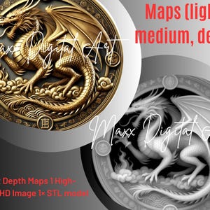 May include: Two circular images featuring dragon designs. One is gold with a detailed dragon, the other is grayscale. Text reads "3x 16-Bit Depth Maps (light, medium, deep)" and "3x 16-Bit Depth Maps 1 High-Resolution HD Image 1x STL model".