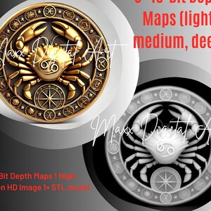Puede incluir: Un diseño circular dorado con un cangrejo, símbolos del zodiaco y una rosa de los vientos. La imagen incluye el texto "3x 16-Bit Depth Maps (light, medium, deep)" y "3x 16-Bit Depth Maps 1 High-Resolution HD Image 1x STL model".