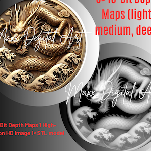 Puede incluir: Imagen de arte digital con un diseño de dragón dorado dentro de un marco circular, sobre un fondo degradado. El dragón está intrincadamente detallado, rodeado de olas estilizadas. La imagen incluye texto: "3x 16-Bit Depth Maps (light, medium, deep)".