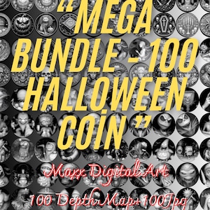 Könnte beinhalten: Eine Sammlung von 100 Halloween-Münzen mit verschiedenen gruseligen Designs, darunter Kürbisse, Geister und Totenköpfe. Der Text "MEGA BUNDLE - 100 HALLOWEEN COIN" ist in Gelb dargestellt. Das Bild enthält auch den Text "Maxx Digital Art" und "100 Depth Map + 100 Jpg".