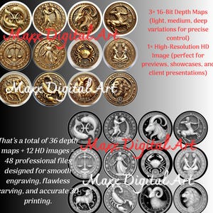 May include: A collection of zodiac sign designs in gold and silver tones. The image includes 12 circular designs with detailed illustrations of each zodiac symbol. Text on the image reads "Maxx Digital Art" and details about the product.