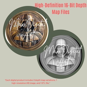 以下が含まれることがあります： 円形のフレームに入ったダース・ベイダーのデジタルアート画像が2つ。1つはブロンズ調、もう1つはグレースケール。両方に「Maxx Digital Art」の文字が重ねられています。「High-Definition 16-Bit Depth Map Files」の文字が上部にあります。