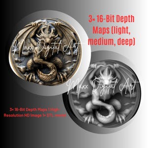 May include: Two circular images showcasing a detailed dragon design. The dragon is bronze-coloured with outstretched wings and intricate scales. Text in red and white states "3x 16-Bit Depth Maps" and "Maxx Digital Art".