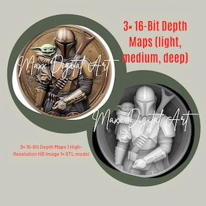 May include: Two circular images featuring the Mandalorian and Grogu from Star Wars. One is a bronze-toned image, the other is grayscale. Text includes "3* 16-Bit Depth Maps" and "Maxx Digital Art".