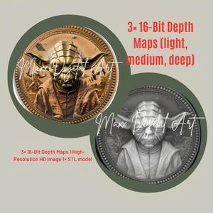 Könnte beinhalten: Zwei kreisförmige Bilder mit Yoda aus Star Wars. Eines ist farbig, das andere in Graustufen. Der Text enthält "3x 16-Bit Depth Maps (light, medium, deep)" und "3x 16-Bit Depth Maps 1 High-Resolution HD Image 1x STL model."