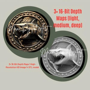 May include: Two circular designs featuring a shark. One is bronze-colored with a detailed relief, the other is a grayscale 3D model. Text includes "3x 16-Bit Depth Maps" and "Maxx Digital Art".