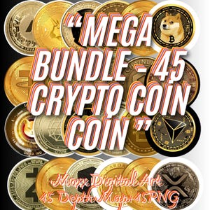 Könnte beinhalten: Eine Sammlung goldfarbener Kryptomünzen mit verschiedenen Designs und Logos. Das Bild zeigt den Text "MEGA BUNDLE - 45 CRYPTO COIN" in einer mehrschichtigen, farbenfrohen Schriftart. Zusätzlicher Text unten lautet "Maxx Digital Art 45 Depth Map + 45 PNG".