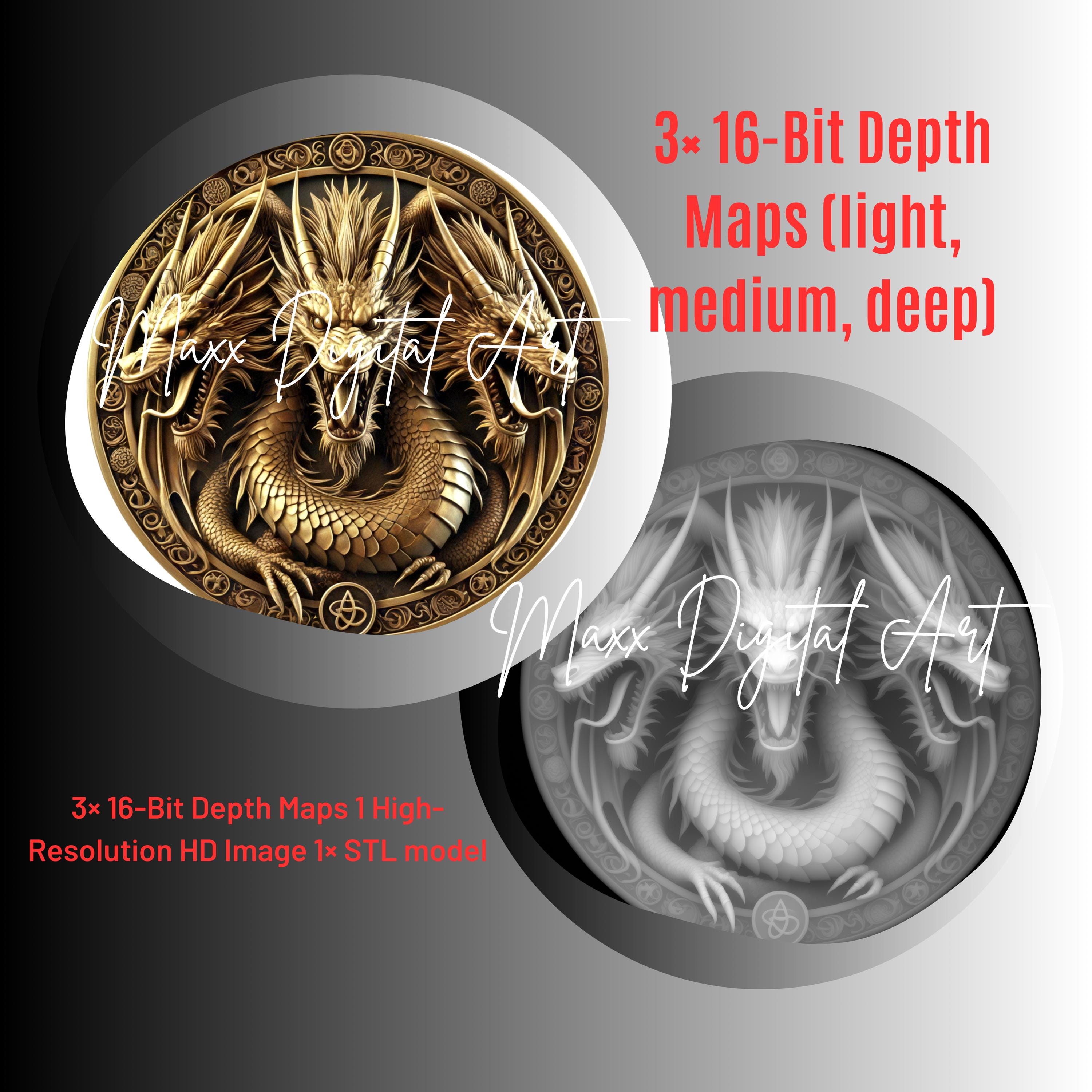 ドラゴン3D深度マップ3×コインデザイン1STLファイルHD画像デジタルダウンロードCNC、レーザー彫刻＆3D印刷グレースケール高さマップ -  Etsy 日本