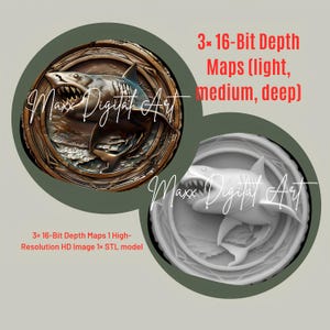 May include: Two circular images featuring a shark design. One is a bronze-colored relief, the other a white 3D model. Text includes "Maxx Digital Art" and "3x 16-Bit Depth Maps (light, medium, deep)".