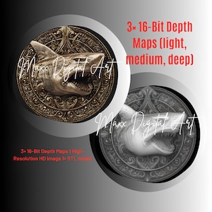 May include: Two circular designs featuring a shark head with open jaws. One is bronze-colored, the other is grayscale. The designs are surrounded by ornate patterns. Text reads "3x 16-Bit Depth Maps (light, medium, deep)" and "Maxx Digital Art".