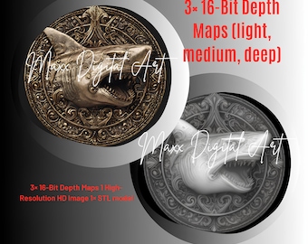 Pakiet mapy głębokości Shark Coin: plik STL 3D z grawerunkiem laserowym CNC (pobranie cyfrowe)