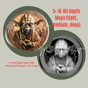 May include: Two circular images featuring Yoda from Star Wars. One is a bronze-coloured relief, the other a grayscale image. Text includes "3x 16-Bit Depth Maps" and "Maxx Digital Art."
