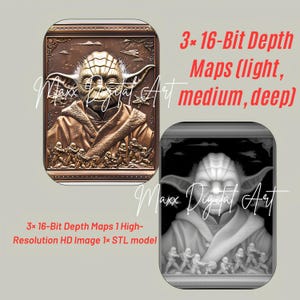 Könnte beinhalten: Digitales Kunstwerk mit Yoda in einem bronzefarbenen Relief, mit detaillierten Elementen. Der Text beinhaltet: "3*16-Bit Depth Maps (light, medium, deep)" und "Maxx Digital Art". Das Kunstwerk ist gerahmt.
