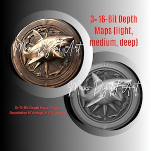 May include: A bronze-colored, circular relief sculpture featuring a shark with an open mouth, surrounded by a compass rose design. The text "Maxx Digital Art" is overlaid. The image also includes the text "3x 16-Bit Depth Maps (light, medium, deep)" and "3x 16-Bit Depth Maps 1 High Resolution HD Image 1x STL model".
