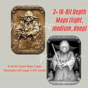 Op de afbeelding: Twee afbeeldingen van Yoda, één in goud en de andere in grijstinten. De gouden afbeelding is een gedetailleerd reliëfbeeld van Yoda met een lichtzwaard. De grijswaardenafbeelding is een 3D-weergave van Yoda. Tekst op de afbeelding luidt "Maxx Digital Art".