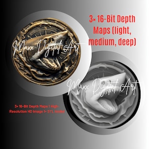 May include: A detailed, bronze-colored shark relief sculpture with a compass design. The image includes the text "Maxx Digital Art" and "3x 16-Bit Depth Maps (light, medium, deep)". A grayscale version of the shark is also shown.