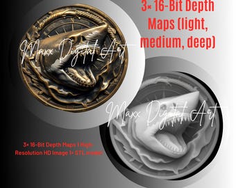 Carte de la profondeur de la pièce de monnaie Shark : fichier 3D STL pour gravure CNC et laser (téléchargement numérique)