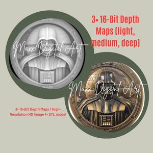 May include: Two circular images featuring Darth Vader. The top image is a grayscale rendering, while the bottom image is in bronze tones. Text includes "Maxx Digital Art" and "3x 16-Bit Depth Maps 1 High-Resolution HD Image 1x STL model."