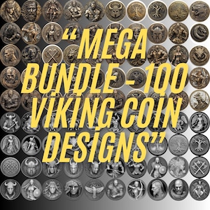 Può includere: Una collezione di 100 disegni di monete vichinghe. Le monete presentano illustrazioni dettagliate di guerrieri, creature mitiche e simboli. Il testo "MEGA BUNDLE - 100 VIKING COIN DESIGNS" è visualizzato in giallo sull'immagine.