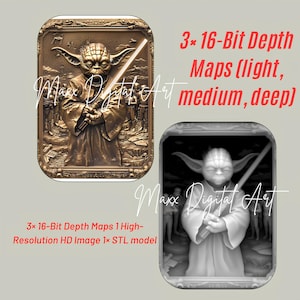 May include: A bronze-colored relief sculpture of Yoda holding a lightsaber, set within a rectangular frame. The image includes the text "3x 16-Bit Depth Maps (light, medium, deep)" and "Maxx Digital Art". A grayscale version of the same image is also shown.