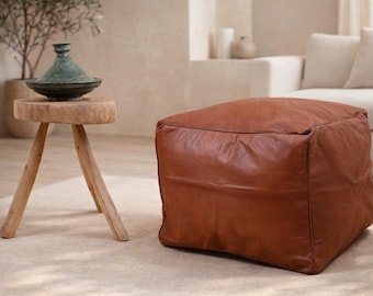 Handmade Tan Leather Pouf Ottoman – Moroccan Square Floor Cushion