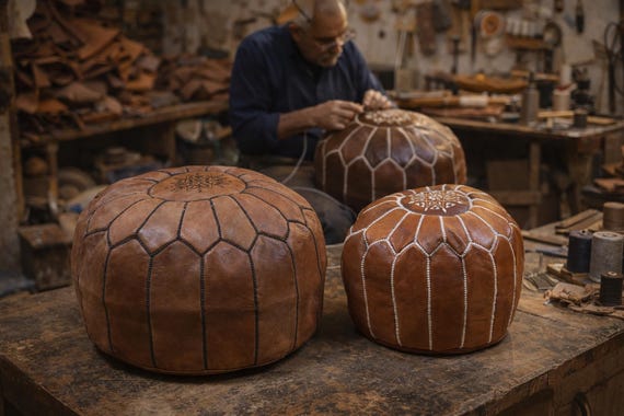 Moroccan Leather Pouf Ottoman | Handmade Brown Floor Cushion | Boho Home Decor | Unstuffed Pouf