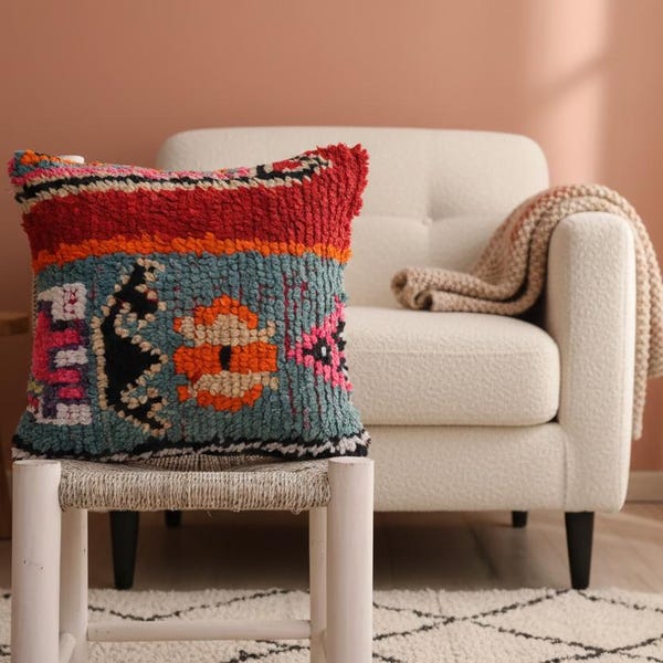 Handmade Moroccan Boucherouite Pillow Cover, Colorful Tribal Wool Cushion, Boho Decor
