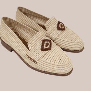 Pair of raffia moccasins for men, artisan Moroccan loafers with durable leather sole – top view