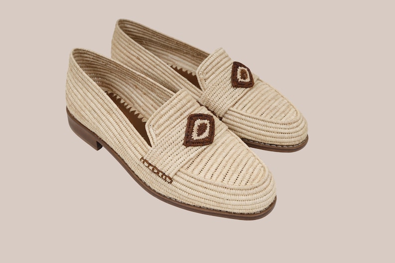 Pair of raffia moccasins for men, artisan Moroccan loafers with durable leather sole – top view