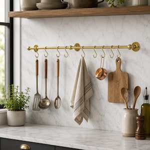 Handmade Unlacquered Brass Pot Rail Wall Mounted Kitchen Organizer | Vintage Brass Hanging Rack with Antique S Hooks