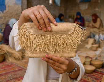 Handmade Raffia Clutch Bag – Moroccan Fringe Evening Purse