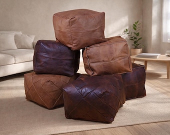Handmade Moroccan Leather Pouf | Square Boho Ottoman Footstool