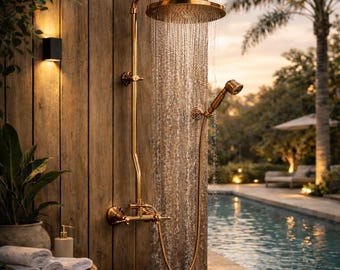 Sistema de ducha de cobre macizo, cabezal de ducha de cobre, ducha exterior, cabezal de ducha de cobre tipo lluvia, conjunto de ducha de pared vintage, baño exterior