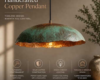 Handcrafted Copper Pendant Light – Green Patina, Verdigris Hanging Lamp, Sculptural Statement Lighting