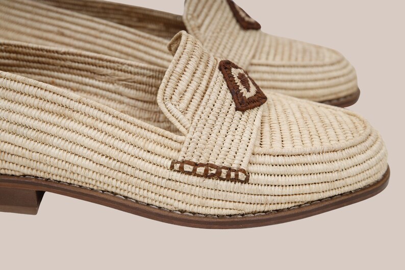Close-up of raffia weaving detail on men’s moccasins, breathable summer artisan footwear