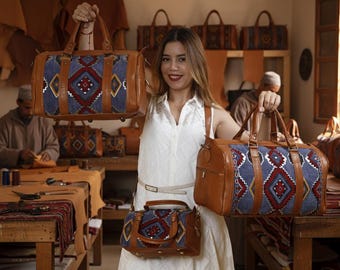 Bolsa de viaje Kilim de cuero marroquí hecha a mano – Boho Travel Weekender