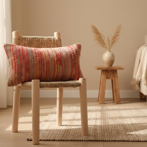 Handwoven Moroccan Kilim Lumbar Pillow Cover, Vintage Berber Wool Cushion, Tribal Boho Accent
