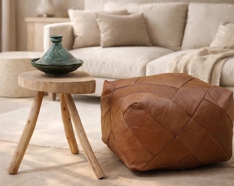 Handmade Moroccan Leather Pouf Square – Genuine Natural Leather Ottoman, Boho Home Decor Footstool, Artisan Floor Cushion