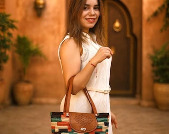 Handmade Moroccan Raffia Tote Bag, Leather Flap, Woven Shoulder Bag